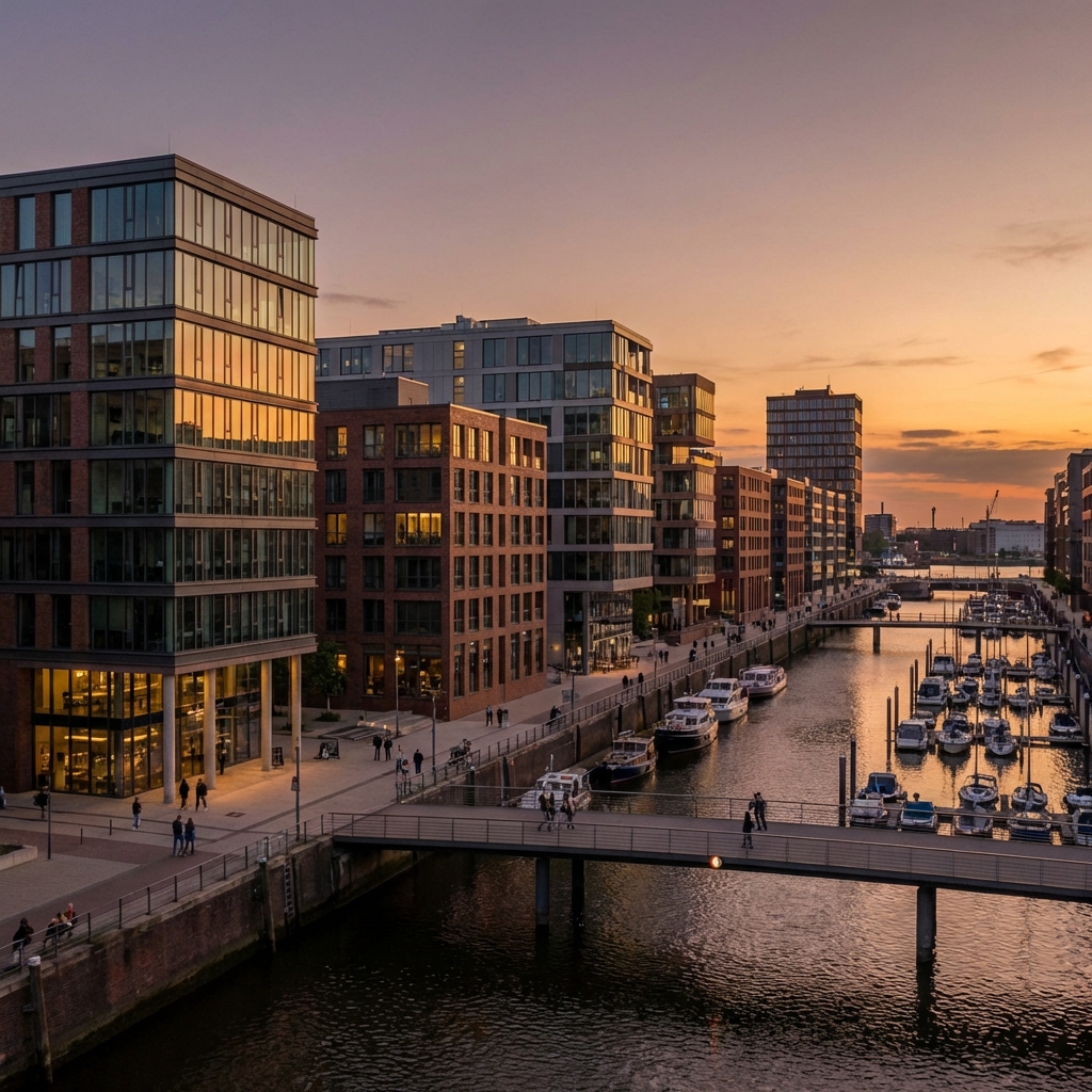 HafenCity Hamburg – modernes Stadtviertel am Wasser bei Sonnenuntergang
