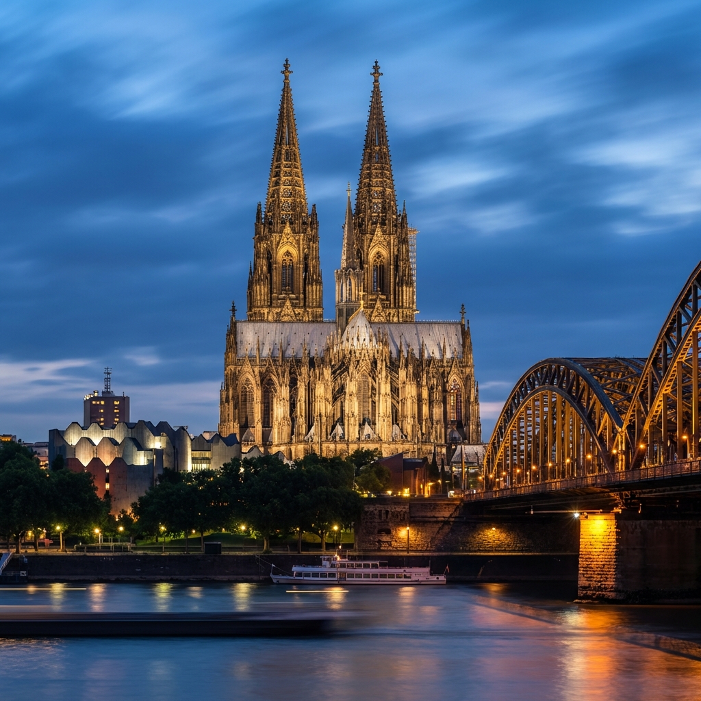 Kölner Dom bei Dämmerung mit Hohenzollernbrücke