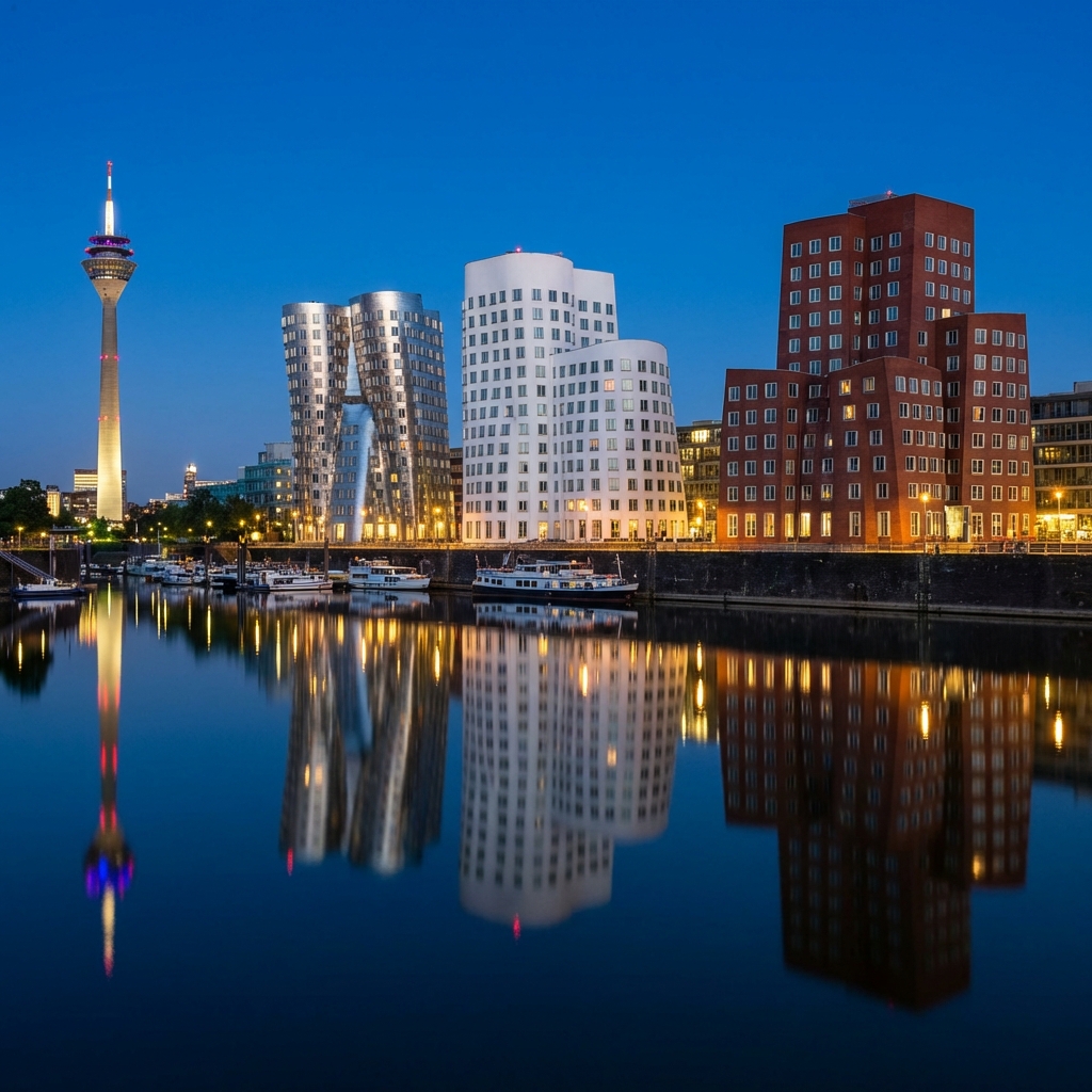 Medienhafen Düsseldorf bei Nacht mit Frank Gehry Bauten