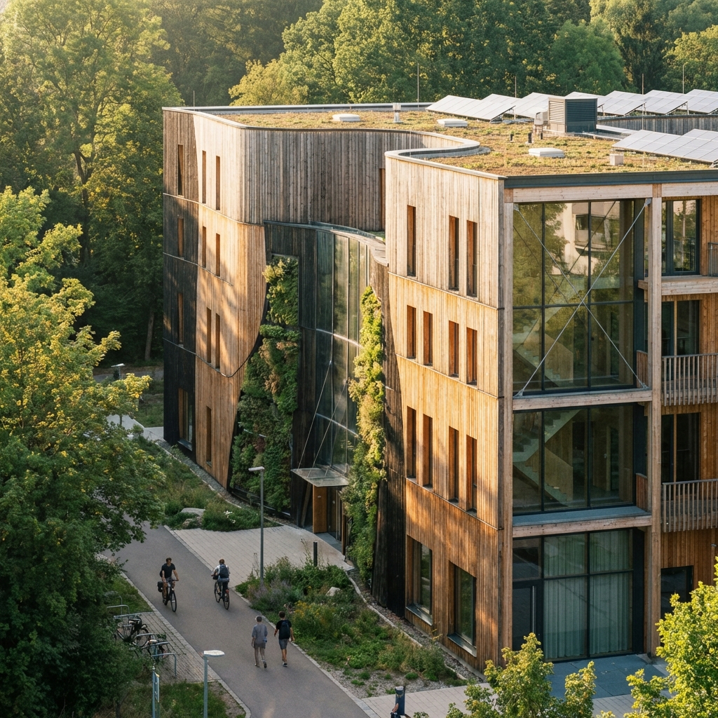 Modernes Holzgebäude mit begrünter Fassade – nachhaltiges Bauen in Deutschland