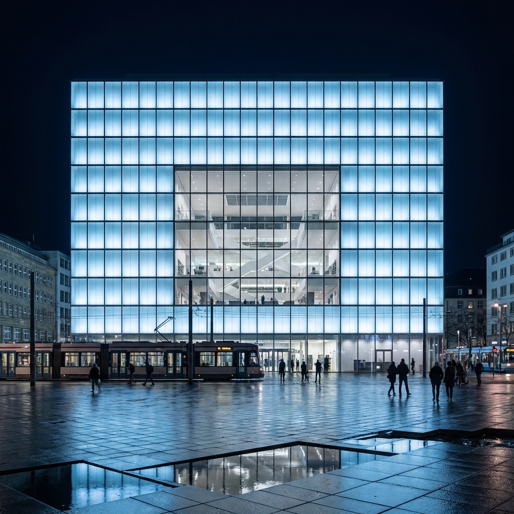 Stadtbibliothek Stuttgart bei Nacht – leuchtender Kubus